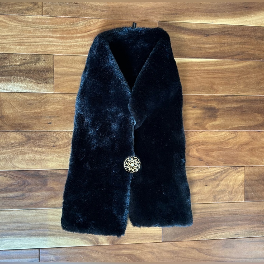 Kenneth Cole Black Faux Fur Scarf with Gold Colored Broach